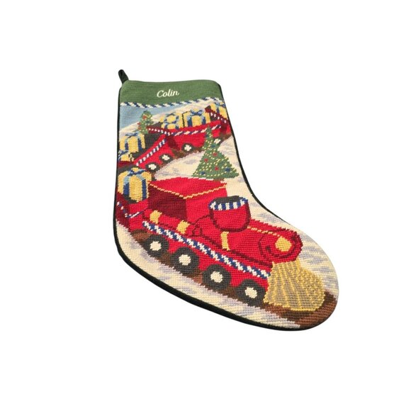 Lands End Needlepoint Christmas Stocking Red Train Monogrammed "COLIN" - Picture 1 of 6